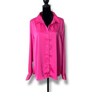 Blue Blossom Bright Pink Relaxed Button Down Shirt Long Cuffed Sleeve and Collar
